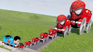 Big & Small Spider-Man the Train with Saw Wheels vs Train Superman & Spikes | BeamNG.Drive