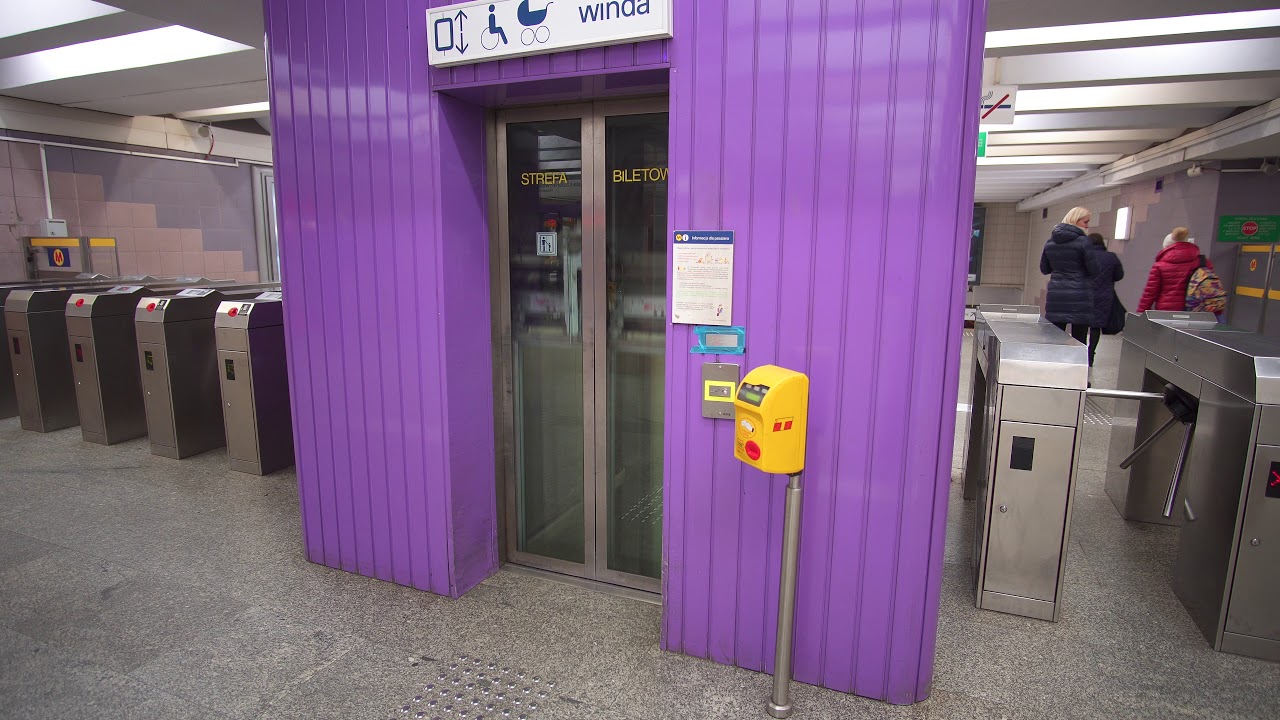 Poland, Warsaw, Politechnica Metro station, 2X OTIS elevator - going down to platform level