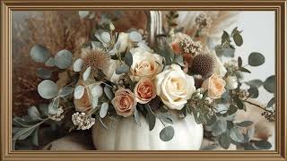 Elegant White Pumpkin Floral Arrangement | Neutral Fall Farmhouse Decor | Frame TV Art Screensaver