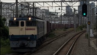 【4K高画質】国鉄EF65形 2000番台 EF65-2086号機〔新〕＋コキ数十両が新鶴見駅貨物線を通過するシーン （74レ・新A6119仕業）