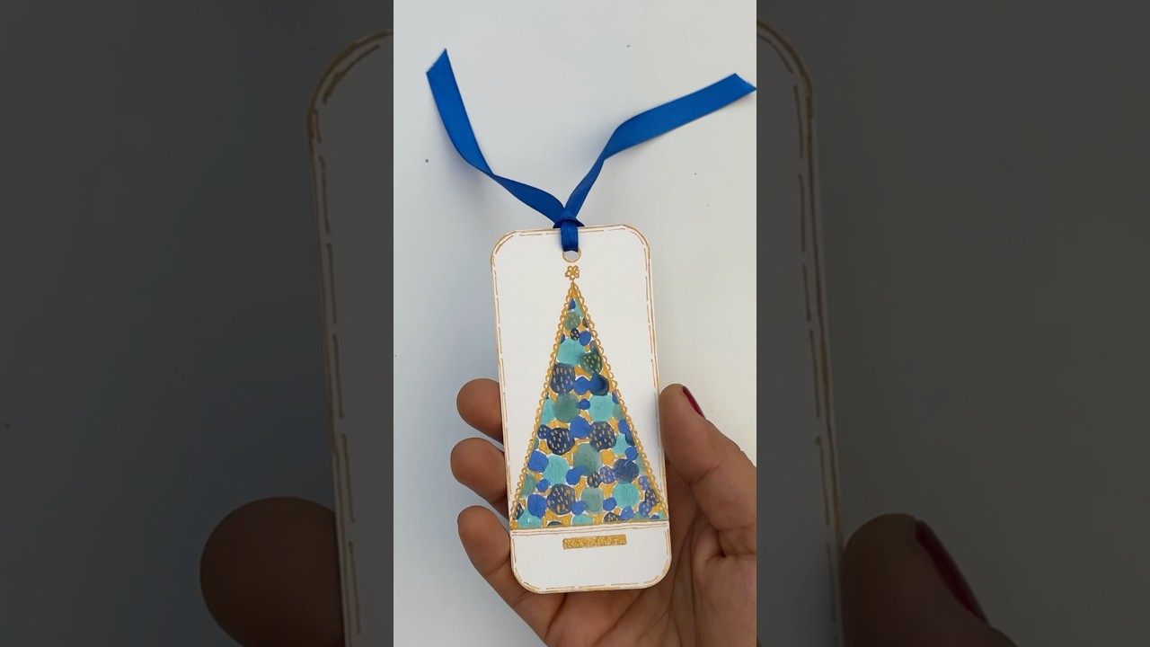 Abstract Blue & Gold Christmas Tree Gift Tag with Satin Ribbon | DIY Holiday Craft 