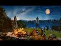 Enchanting nighttime ambience medieval cozy spot by the campfire for resting with a starry sky 