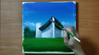 Acrylic painting / Le Corbusier's chapel of Notre Dame du Haut in Ronchamp / Architecture Art