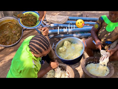 African Village Life #cooking UJuju Vegetable Soup Served With Akpu Fufu For Our Village Dinner