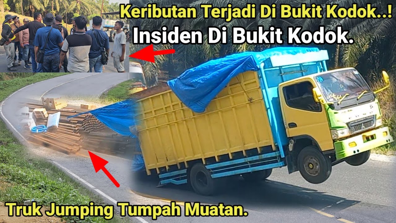 Truck Jumping Berjalan Di Tanjakan Bukit Kodok Tumpah Muatan.Keributan Terjadi, Trailer Habis Nafas.