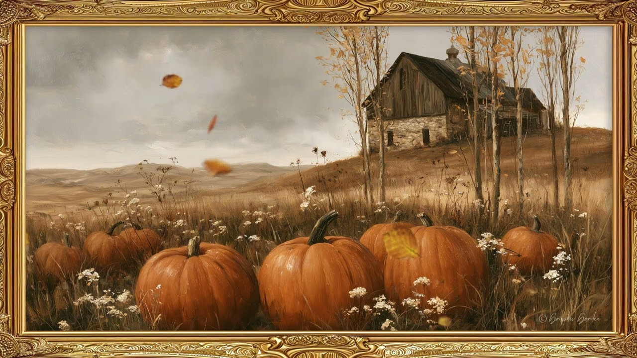🎃 Pumpkin Farm & Autumn Country Barn Painting | Gold Frame TV Art With Chill Jazz Music In 4K