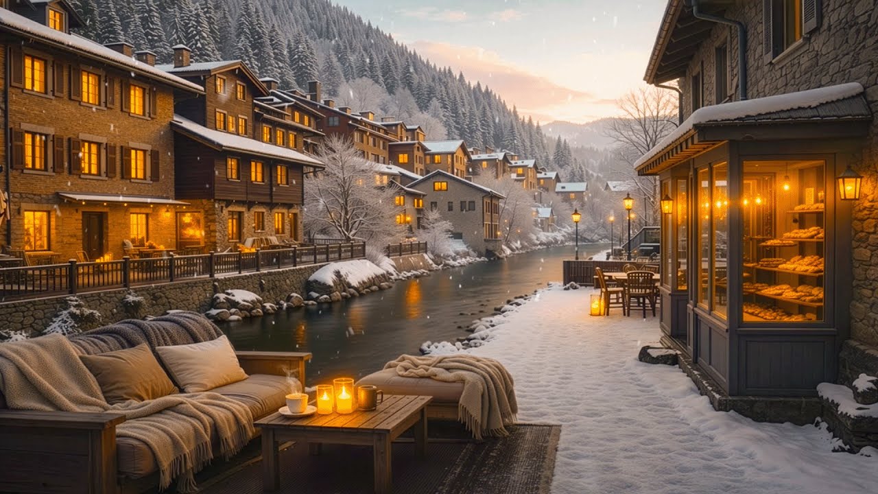 Snowy Village by the River ☕ Warm Jazz & Sunset Lanterns