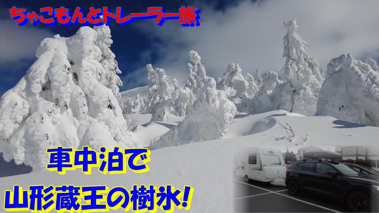 【わんことキャンピングトレーラー】車中泊して山形県の蔵王の樹氷を見ながらスキーしてきました！