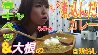 ルー大盛カレーライス、じっくり×２煮込んだ春キャベツと大根のカレー&しゃきしゃきコールスローを作って食べる MUKBANG／eating show／モッパン／咀嚼