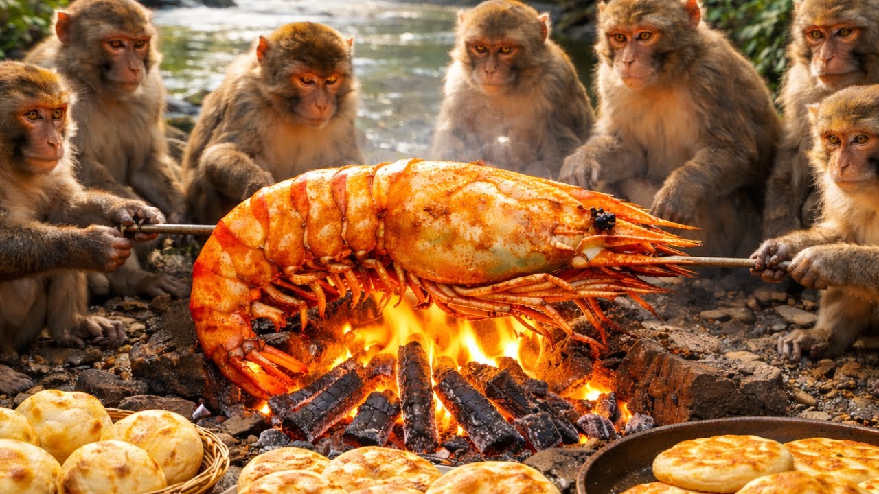 Unbelievable! Indian Monkeys Bake Bread & Grill Shrimp Like Humans 🐒🔥🍞🍤