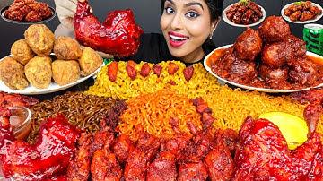 ASMR Eating Spicy Korean Black Bean Noodles,Fire Noodles,Fried Chicken Leg Piece ASMR Eating Mukbang