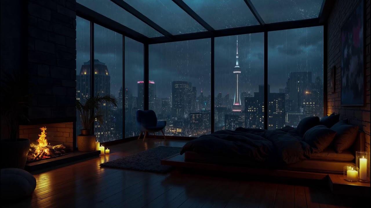 Rainy Night in Luxury NYC Apartment🌧️Cozy Bedroom, Warm Fireplace & Relaxing Rain Sounds for Sleep