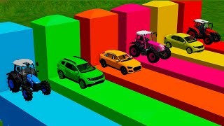 TRANSPORTING FIVE COLOR LINDHER TRUCK, RIGITRAC TRACTOR, STARA, DACIA, DACIA JEEP Farming Simulator