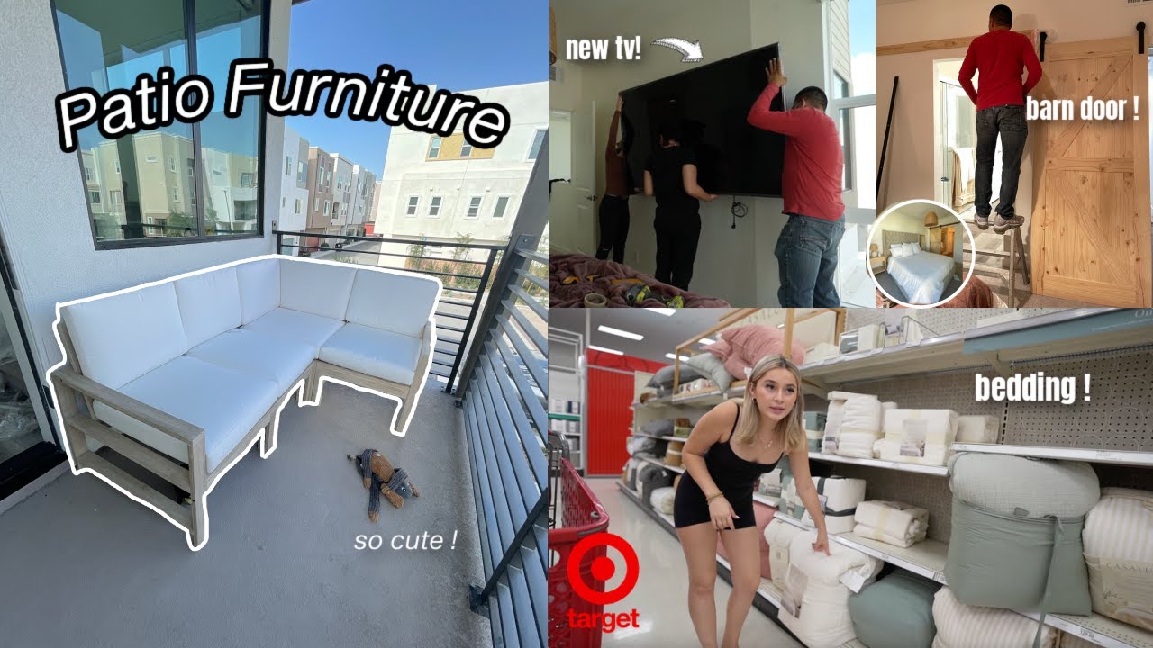 MOVING INTO OUR NEW HOUSE | patio FURNITURE, barn door, new bedding