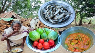 80years Old Grandma Eating SMALL FISH curry with BRINJAL & TOMATO | village fresh vegetables cooking