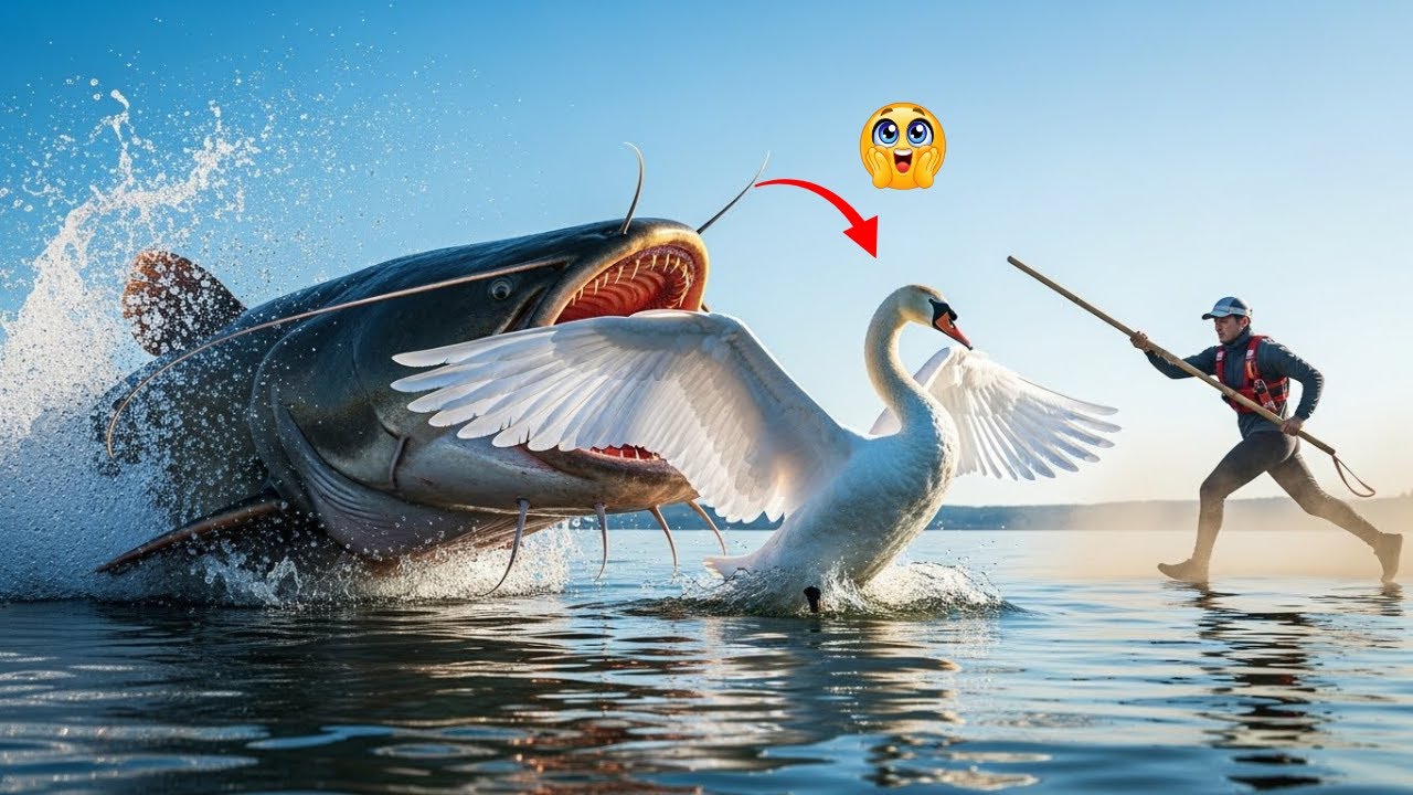 Heroic Rescue Team Saves Helpless Mother Swan from a Ravenous Giant Catfish Attack 🦢🐟