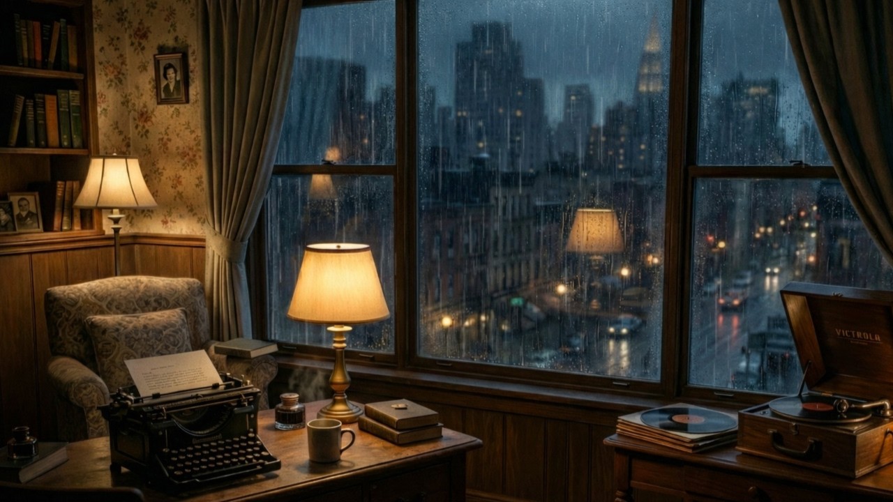 8 Hours Noir Jazz Rain for Study & Work | Rainy Vintage Writer's Room Focus Music