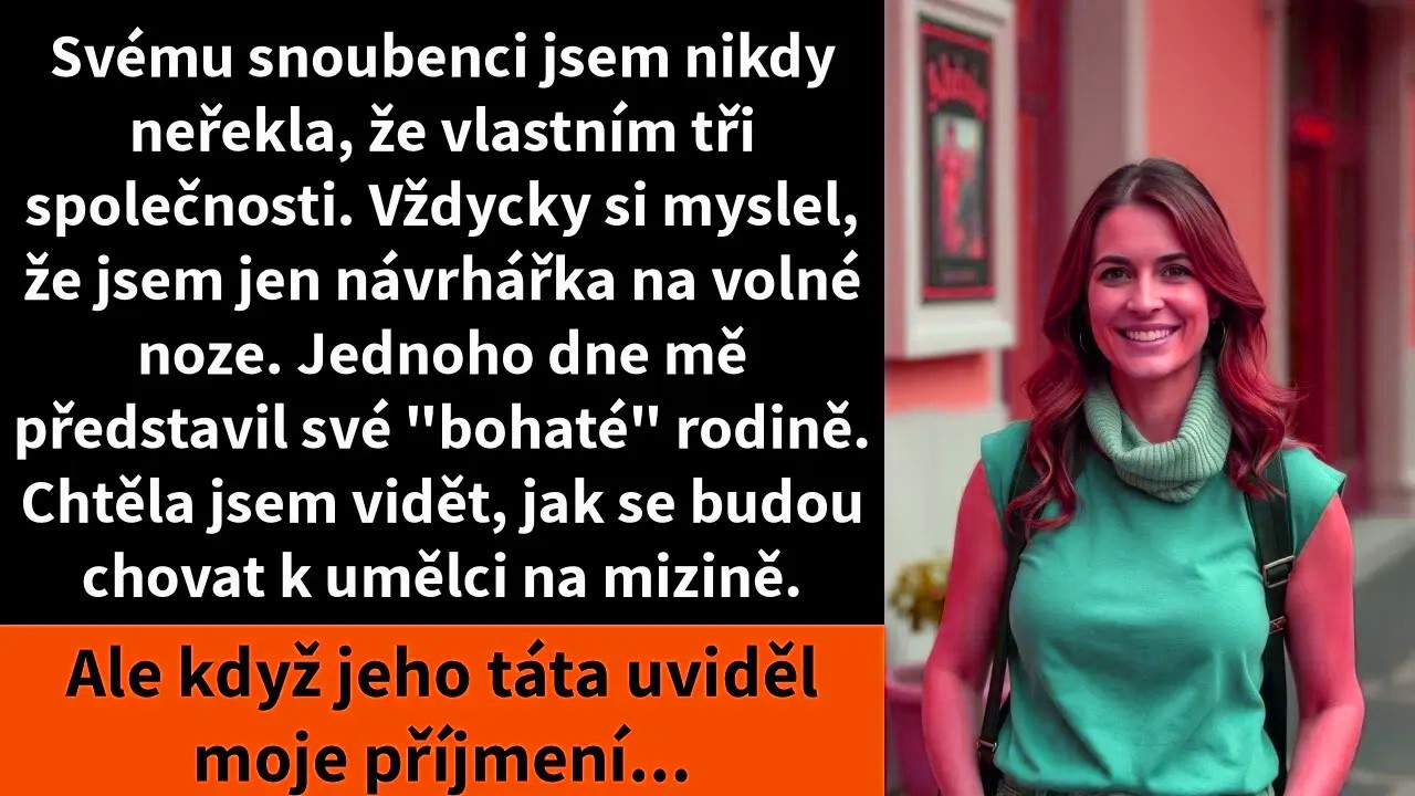 Na rodinné večeři u svých budoucích tchánů jsem záměrně hrála roli zkrachovalé umělkyně. Seděla jsem v plátěných šatech u jejich dokonale prostřeného stolu, poslouchala, jak mě jeho matka...