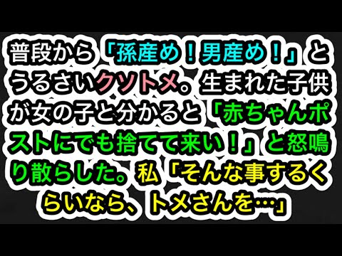 【スカッとする話】普段から「孫産め！男産め！」とうるさいクソトメ。生まれた子供が女の子と分かると「赤ちゃんポストにでも捨てて来い！」と怒鳴り散らした。私「そんな事するくらいなら、トメさんを…」