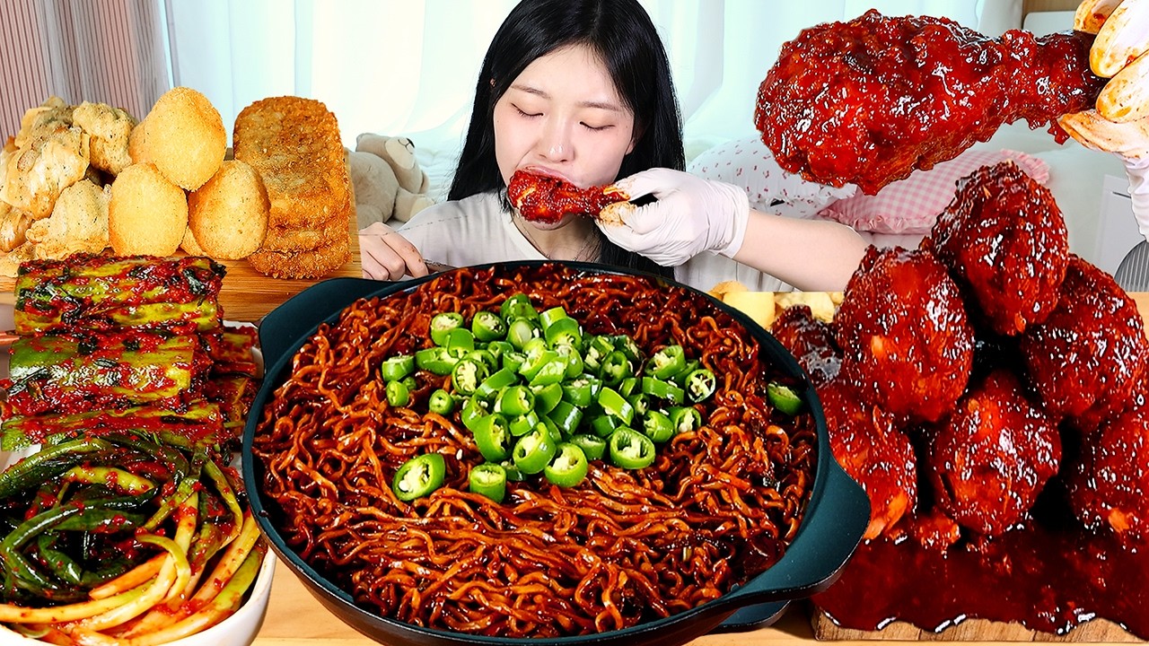 ASMR MUKBANG| 직접 만든 짜파게티 양념치킨 만두튀김 파김치 먹방 & 레시피 FRIED CHICKEN AND BLACK BEAN NOODLES EATING