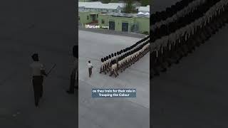 Unique view of Irish Guards in perfect step for Trooping the Colour