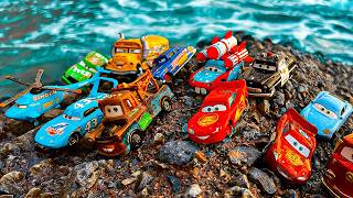 Disney Pixar Cars falling into deep pool, Lightning McQueen, Tow Mater, Mack, Sally, Francesco