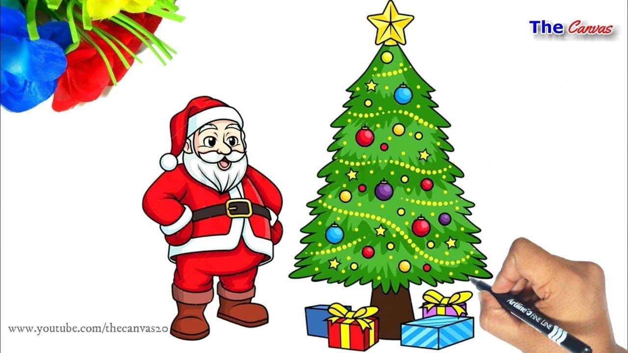 How to draw easy santa claus and christmas tree step by step | kids christmas drawing - YouTube
