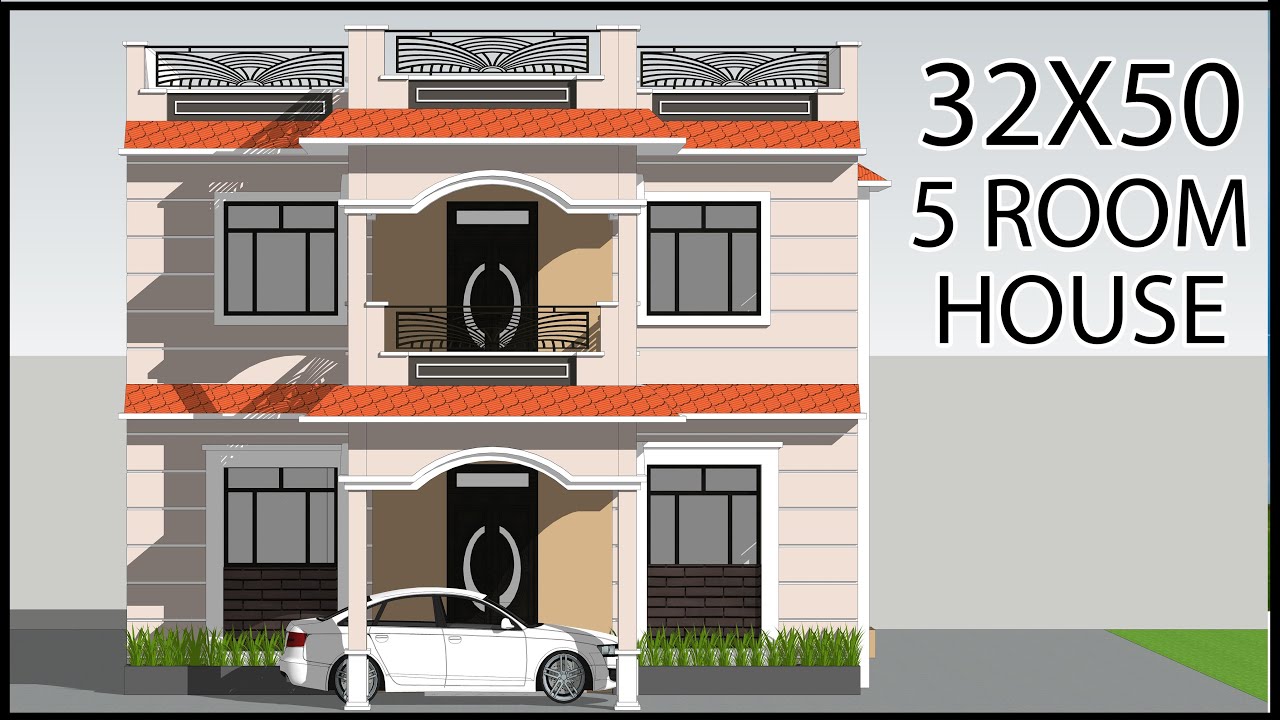 Проект дома 32 x 50 футов, проект фасада двухэтажного дома, модель пятикомнатного дома, Gopal Arc...