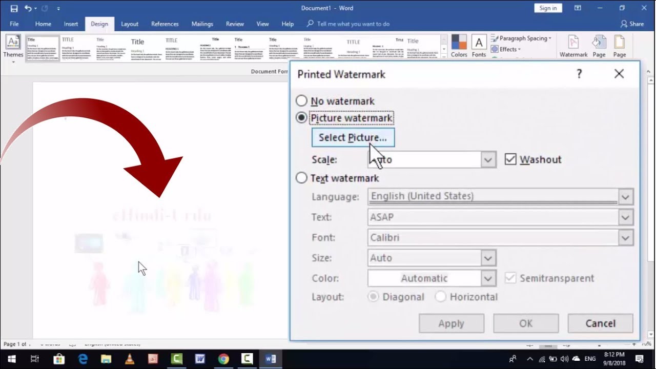 how to insert watermark word 2016