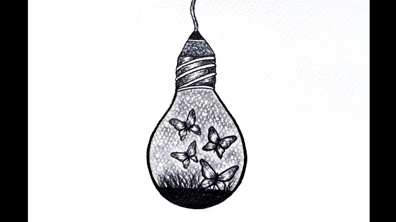 Creative light bulb drawing | Butterflies are flying in the bulb | Easy pencil sketch for beginners