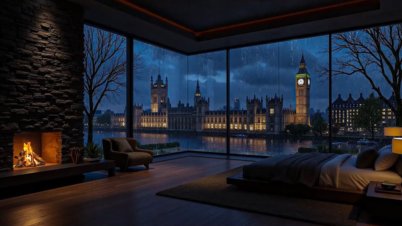 Rainy Night in a London Apartment 🌧️ Big Ben View & Fireplace Sound | Soft Rain Sounds for Sleeping