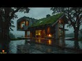 Healing Night Rain, Fireplace, and Soft Thunder for Lakeside Solitude in a Forest Grass Roof Home