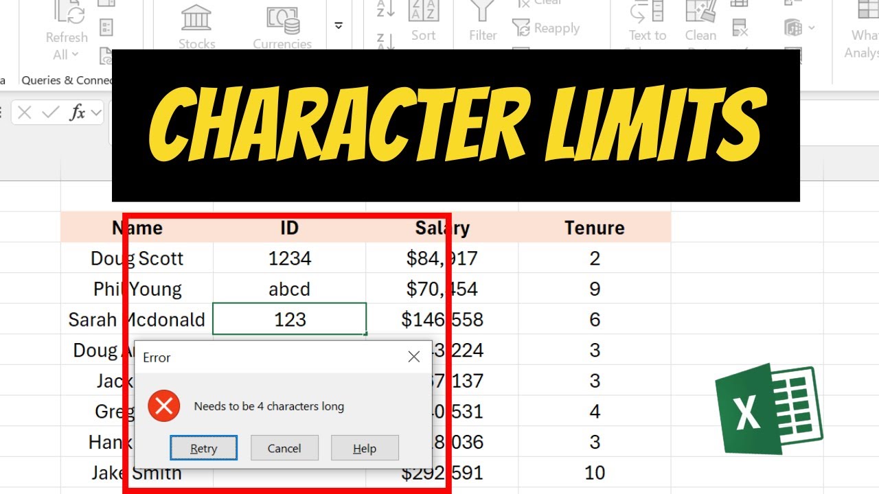 How To Set Character Limits In Excel - YouTube