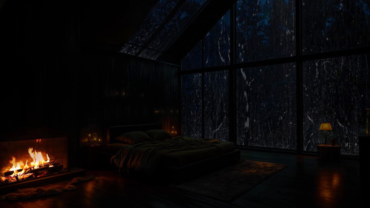Cozy Cabin Attic Bedroom at Night | Fireplace Warmth & Rain on Window for Deep Sleep