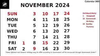 November Calendar 2024 - November 2024 Calendar with Holidays - India 📅 Calendar 365 📅