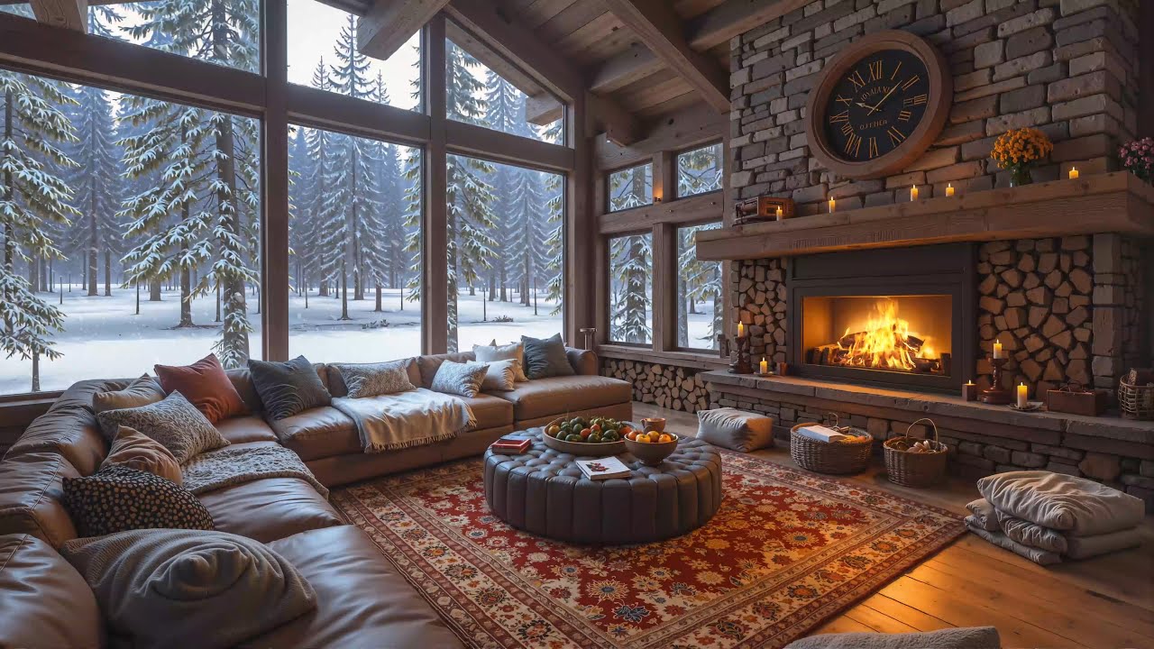 Smooth Winter Jazz Piano - Crackling Fireplace in Cozy Snow Cabin for Relax & Focus