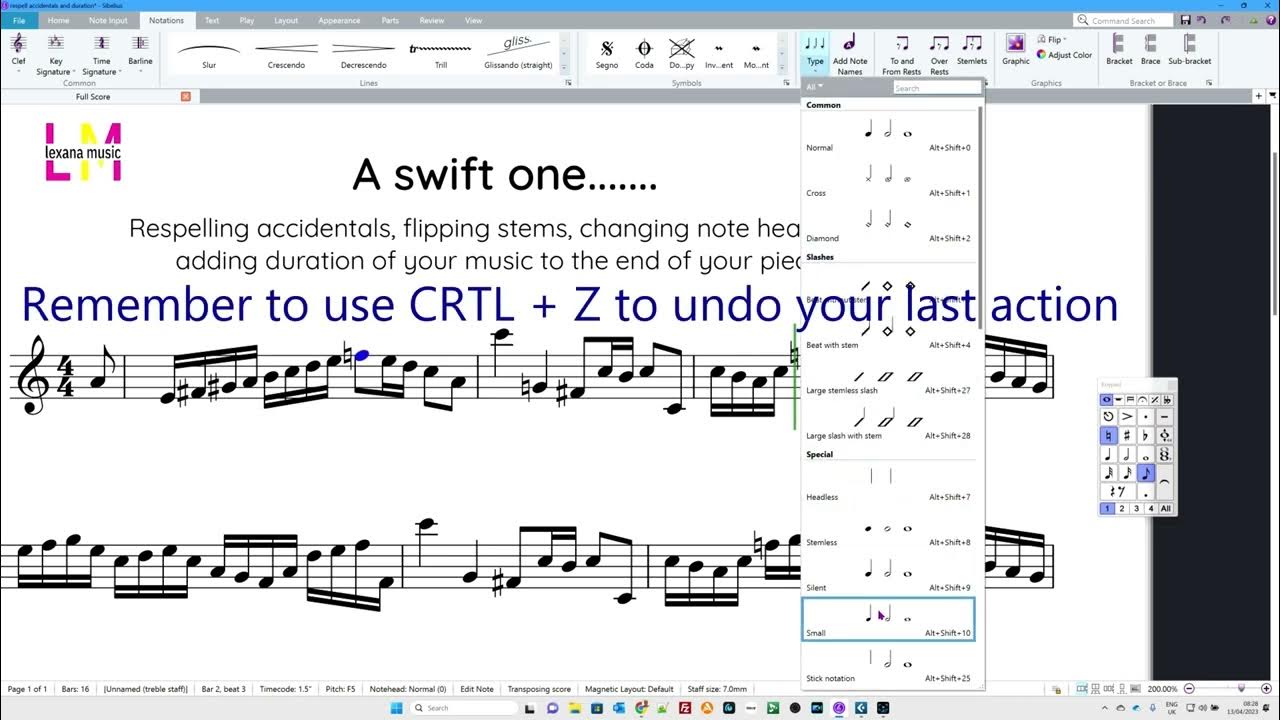 Sibelius respell accidentals flip stems change note heads add