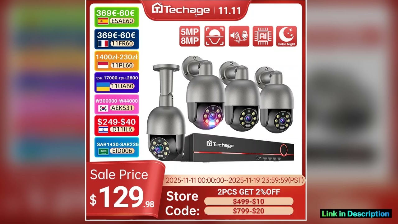 Techage 8CH 4K 5MP 8MP PTZ Security POE IP Camera System Outdoor AI Human Detection Two Way Audio V