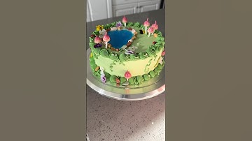 Woodland cake with a jello pond! 🍄🪷 #cake #cakedecorating #shorts #enchantedforest