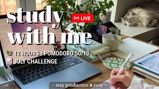 12 HOUR • STUDY WITH ME 🐈 Challenge | Pomodoro 50/10 | Fireplace Sound for Best Focus