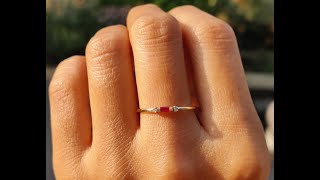 14K Gold Stackable Birthstone Baguette Ruby Ring /  Three-Stone Minimalist  Stacking Ring