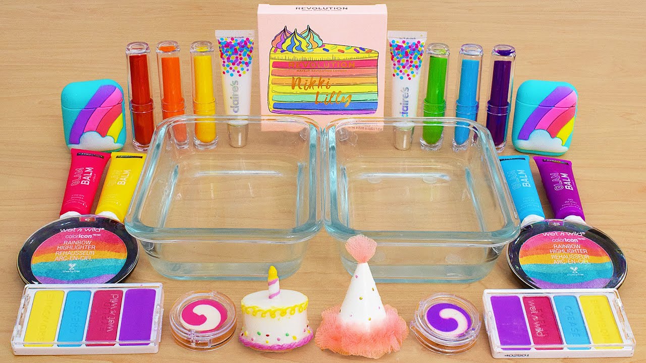 Birthday Cake Rainbow Slime - Mixing Nikki Lilly Makeup into Slime ASMR