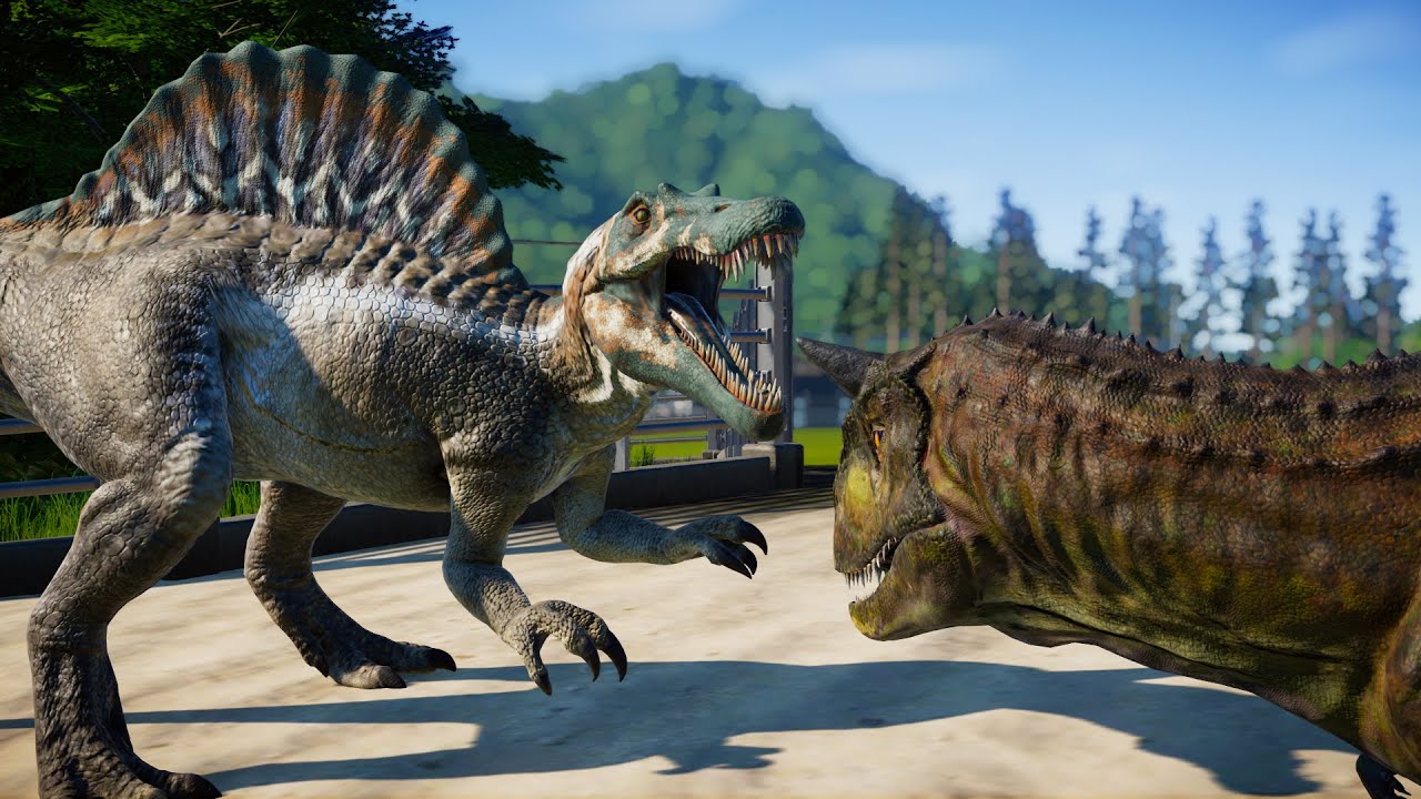 Jurassic World Evolution - 2 Spinosaurus VS 3 Carnotaurus Breakout and Figh...