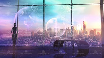 Sci-fi background and a robot working in the interface of the future, 3D render.