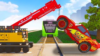 Lightning McQueen Stuck Crane Truck Car Rescue - Cars vs Train and Rails - Teardown