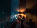 Rainy bedroom window with warm lamp glow at night 🌧️