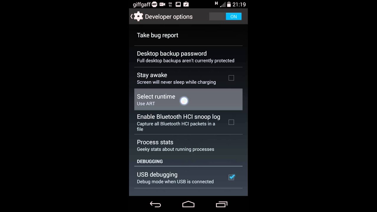 How to enable dev options & "ART" runtime on a Moto G