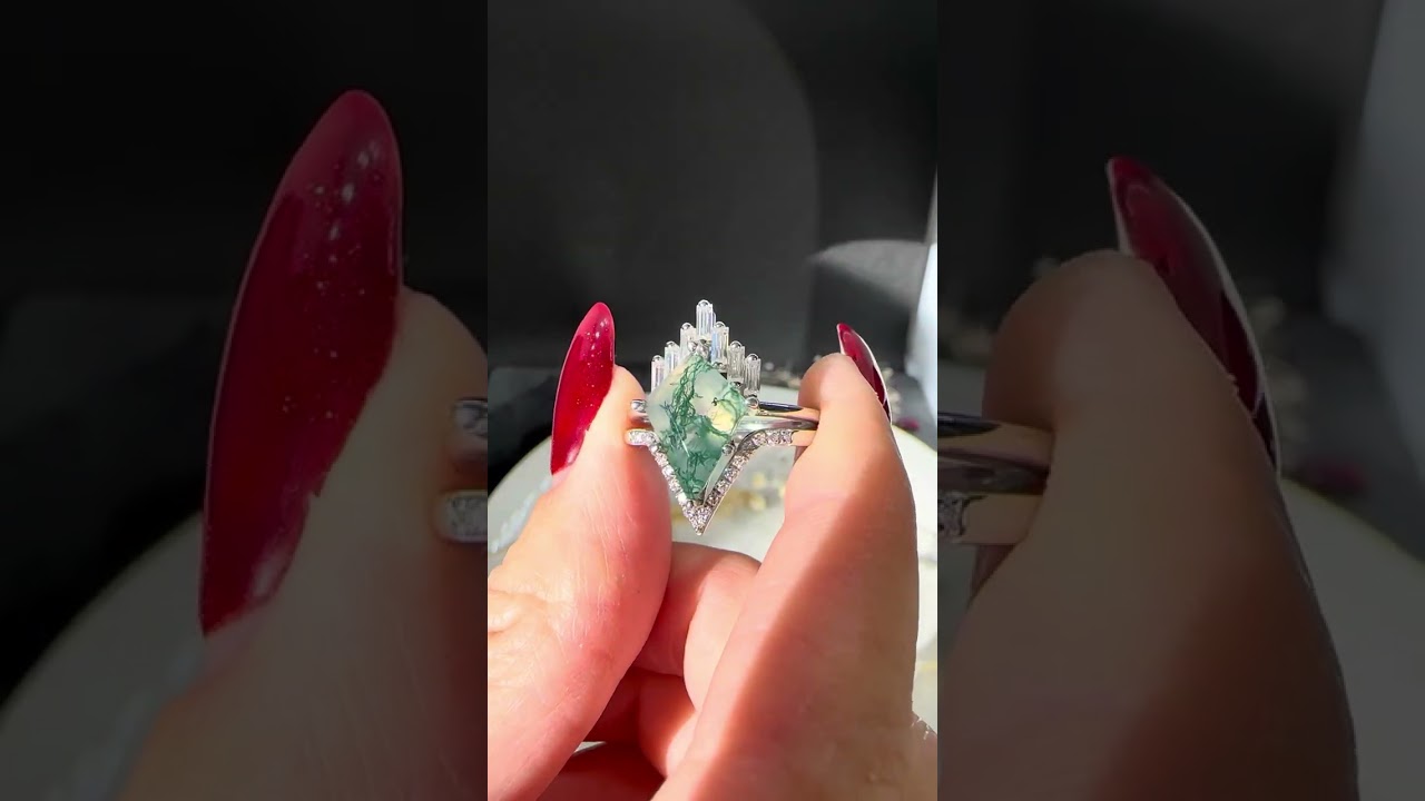 Kite Genuine Moss Agate Halo Engagement Ring Set.