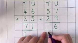 Maths: How to do the column method for addition where the units column totals ten or greater