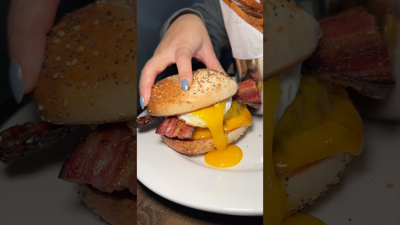 The BAGEL BURGER from Avenue Social Kitchen in Bellmore, NY on Long Island! 🥯🍔🍳🔥🤤 #DEVOURPOWER